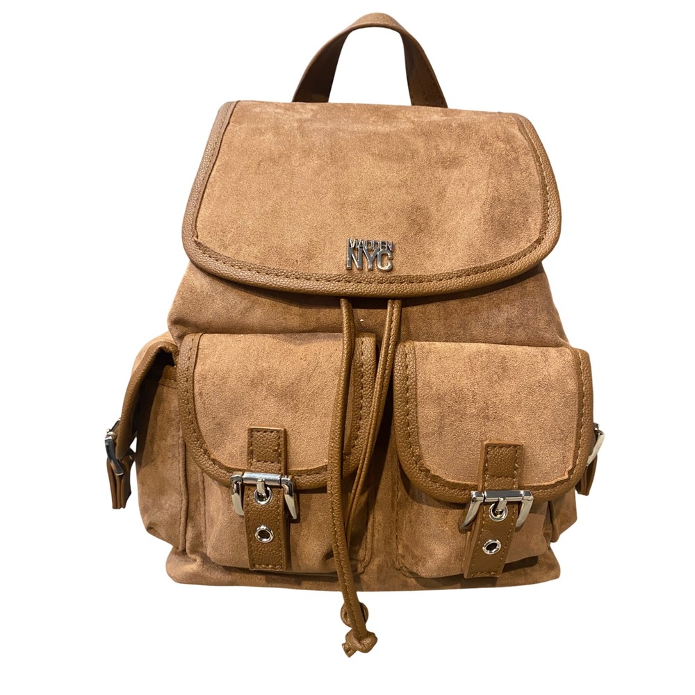 Madden NYC Flap Pocket Flap Backpack Brown Faux Suede Buckle Detail One Size NEW